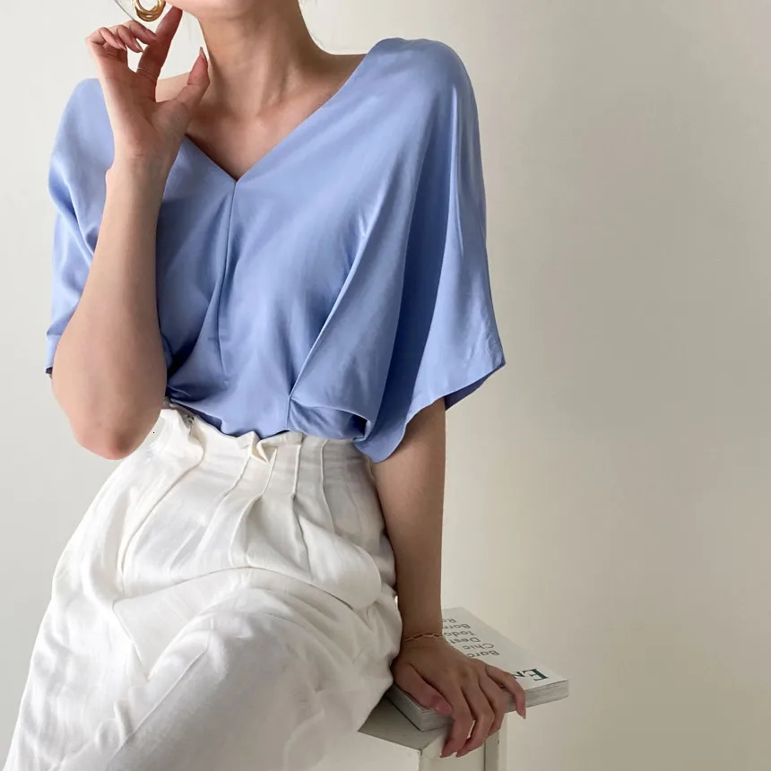 REALEFT Spring Summer Half Sleeve Womens Vneck Blouses Casual Loose Elegant Front Split Shirts Tops Female 250515