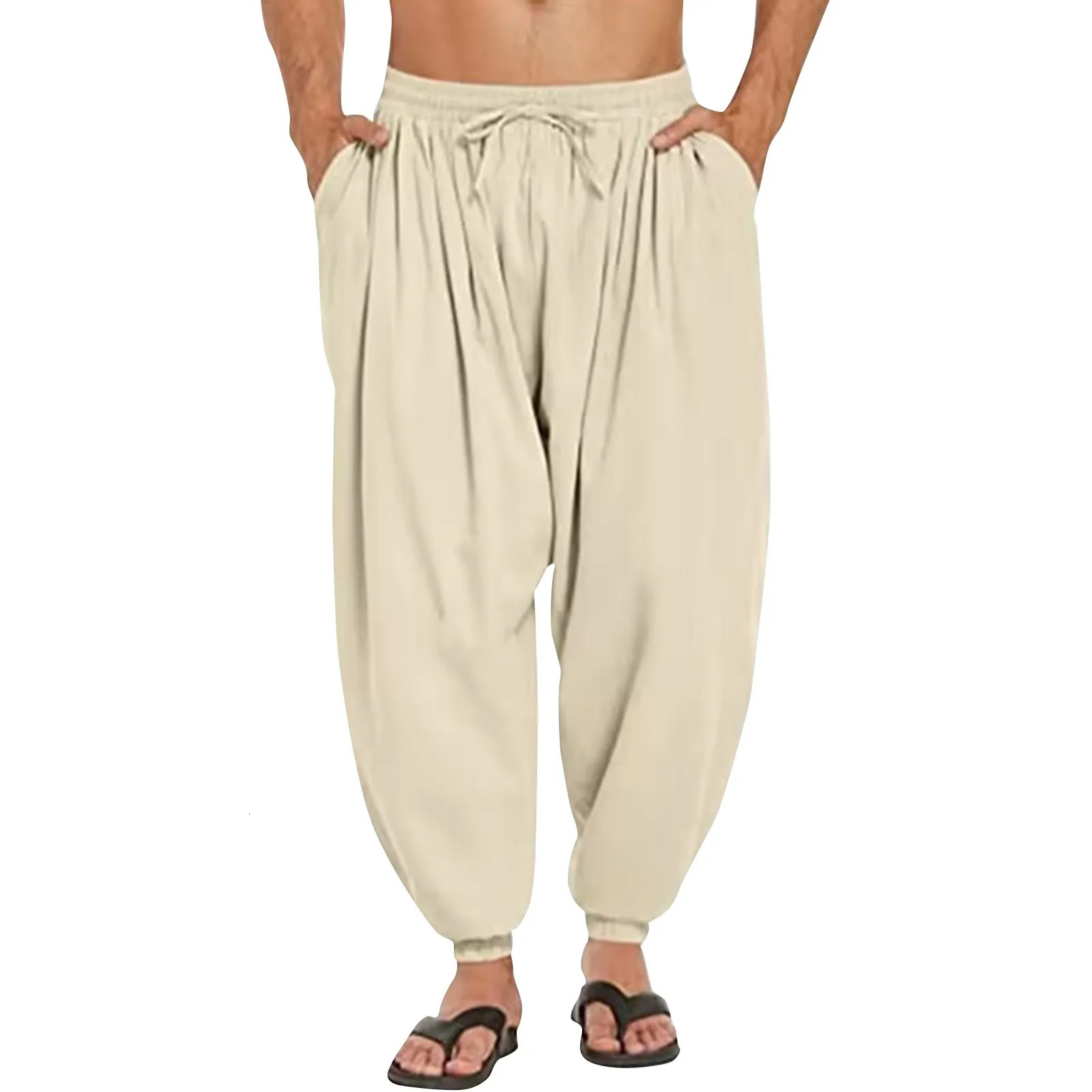 Mens Summer Casual Comfort Loose Drawstring Elastic Waist Front Pocket Cropped Pants Cotton Linen Pleated Thin Pencile Trousers 250515