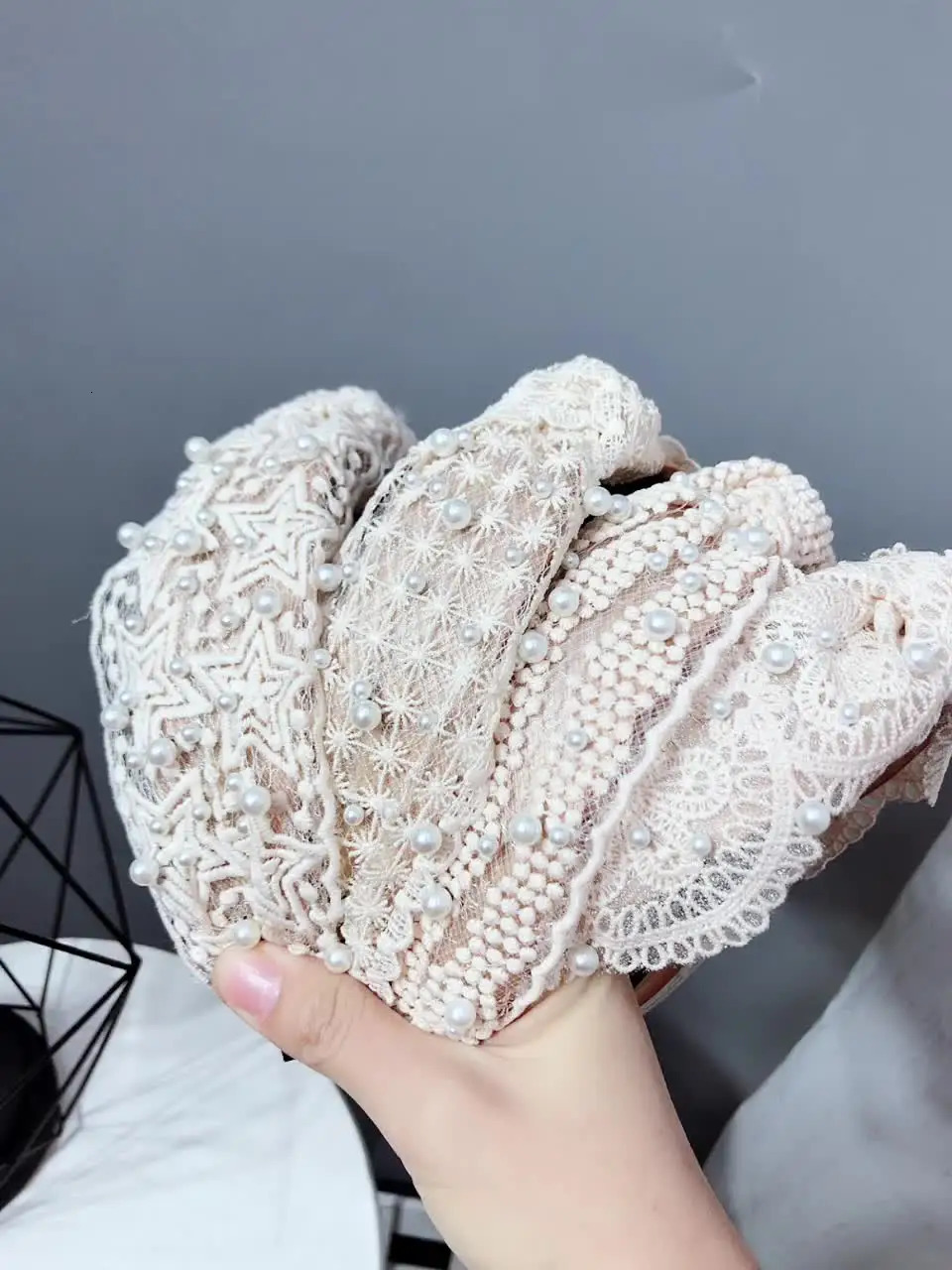 1 piece of lace knotted headband wide edge Korean style headband nail pearl Korean style headband for women 250509