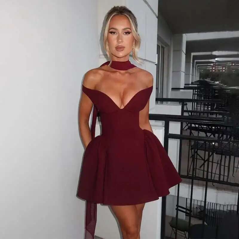 Avrilyaan Deep V Off Shoulder Backless Sexy A-line Women Elegant Party Slash Neck Bodycon Mini Summer Dress Vestidos