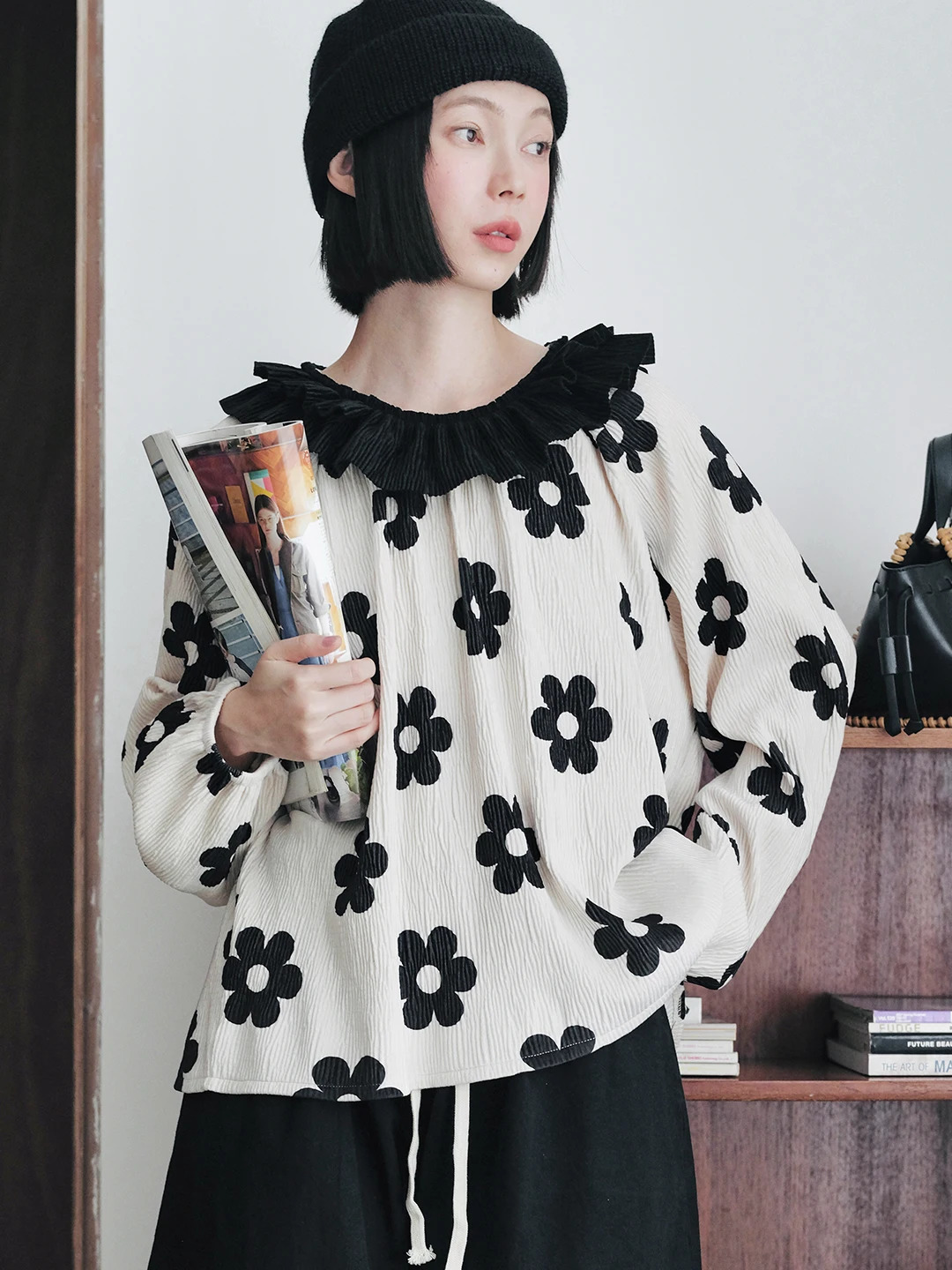 IMAKOKONI original n lapel lace patchwork pleated flower print shirt top for women 244804 250515