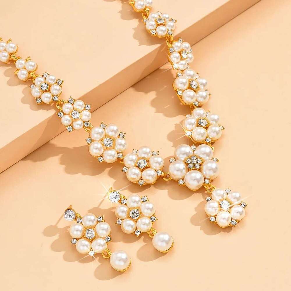 3 Luxurious Pearl Flower Necklaces, Earrings, Wedding Dress Accessories, Jewelry Sets For Women