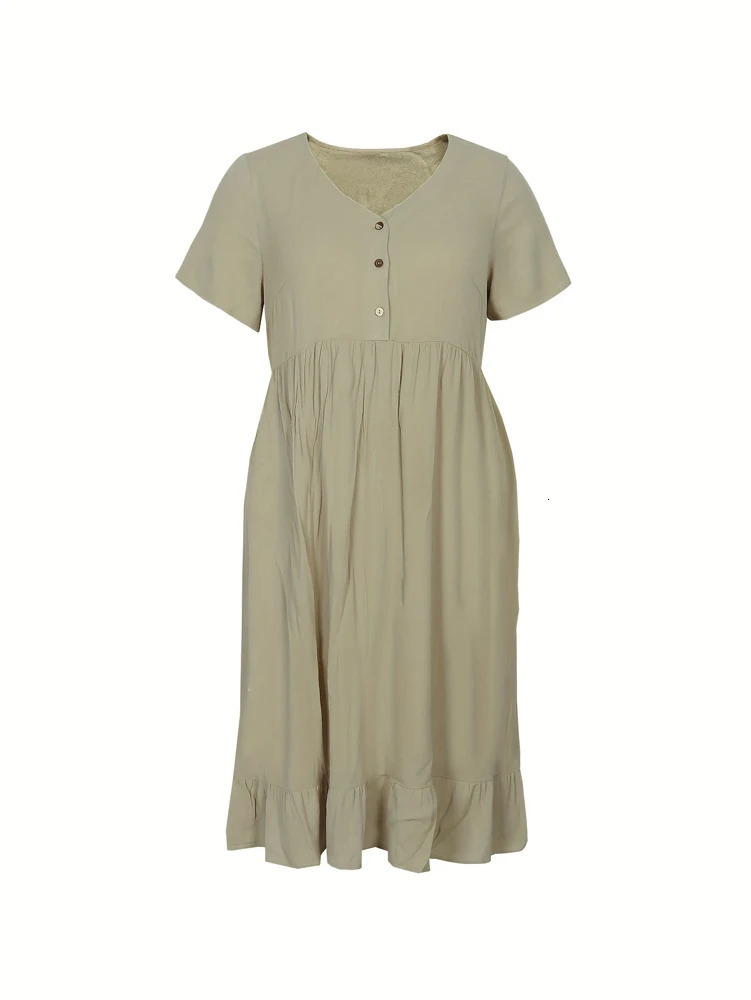 Plus Size Womens Summer Classic Plain Button Casual Dress Elegant knee-length A-line V-neck short-sleeved beach dress 250515