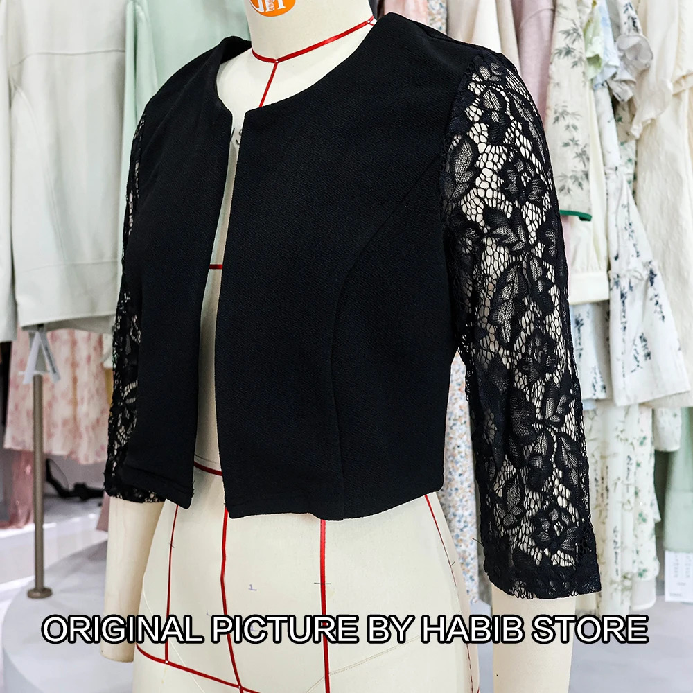 Women Solid Casual Outwear Lace Long Sleeve Jacket Y2k Spring Autumn Elegant Zipper Coat Office Wear Slim Office Coat Crop Top 250515