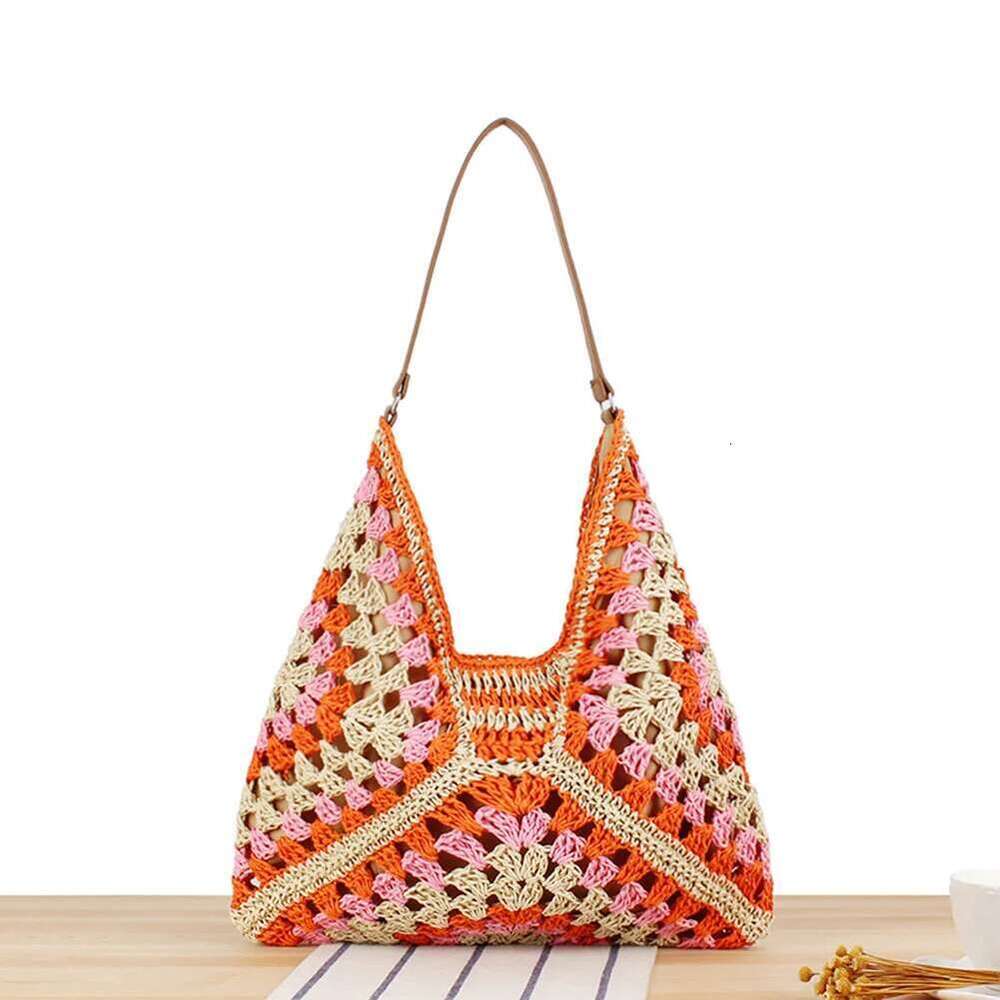 Women Summer Beach Large Capacity Crochet Hobo Bags Knitted Shoulder Bag Patchwork Hasp Closure For Outdoor Travel