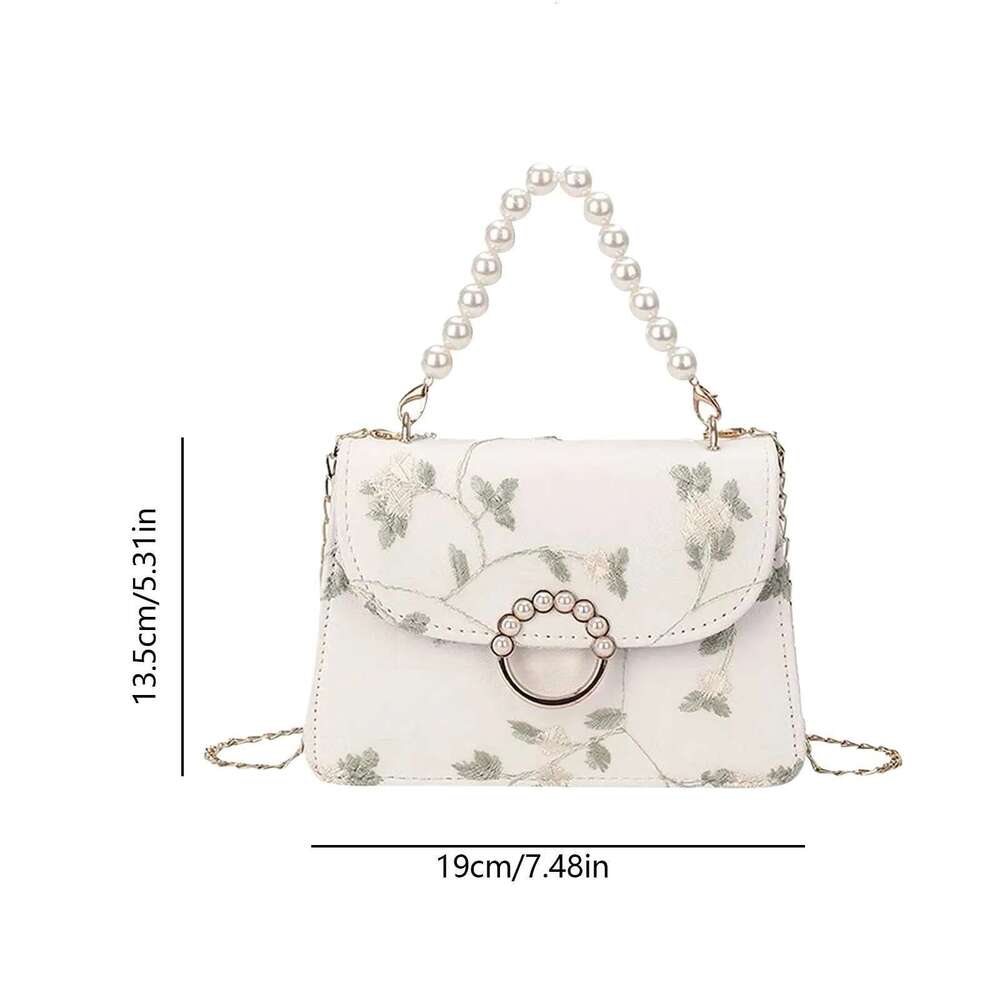 Women's Fashion Chain One Shoulder Crossbody Non-Positioning Lace Embroidery Pearl Handbag Small Square Bag Bolsas Para Mujeres