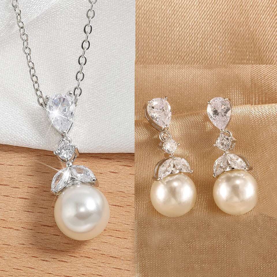 ZAKOL Elegant Clear Zircon Imitation Pearl Earring Necklaces For Women Minimalist Versatile Bridal Wedding Jewelry Set