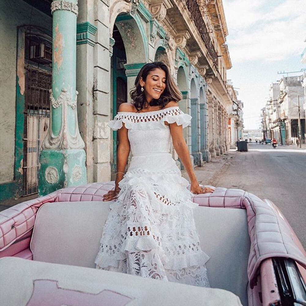 White Dress Maxi Dress 2025 Summer New Women's One Shoulder Lotus Leaf Edge Hollow Out Large Swing Lace Dress Long Skirt KQ