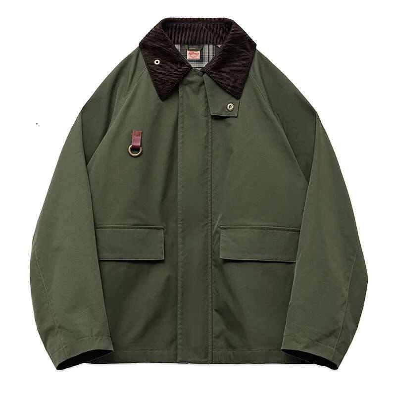 Maden Retro Women's Corduroy Patchwork Jacket Green Casual Lapel Spey Hunting Jackets For Spring With Zippered Front Outerwear