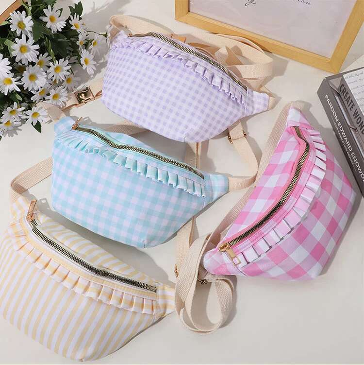 Gingham Ruffle Fanny Nylon Plaid Belt Women Stripe Waist Pack Bum Bag Zipper Lightweight Water-Resistant