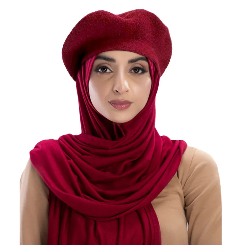 Autumn Winter Muslim Women Beret With Scarf Shawl One Piece Convenient Arab Cap Fashion Ladies Party Hijab Hat Headwear 250514