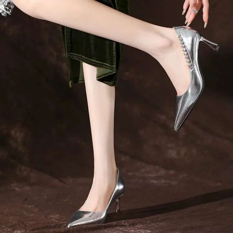 Gold Sier Women Glossy High Heels Fashion Pointed Toe Slip on Stiletto Pums Solid Formal Dress Shoes Plus Size