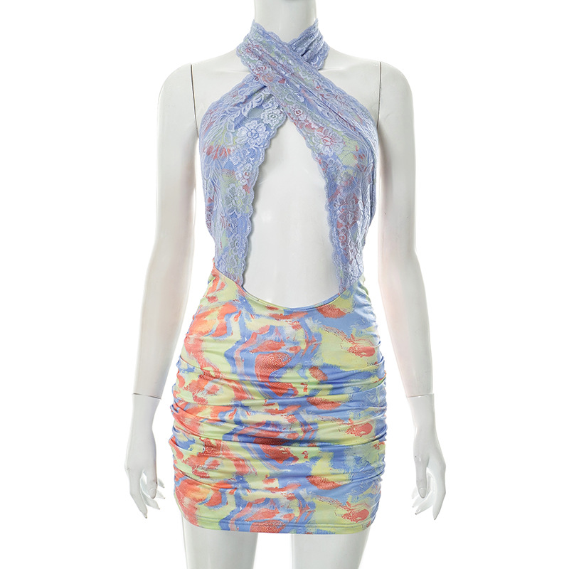 Sexy Halter Backless Beach Holiday Print Mini Skinny Night Club Dress Party Evening Fashion Lace Summer Hollow Out Sundress