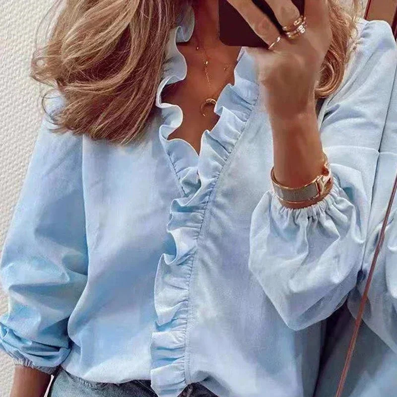 Vintage Ruffles Women Blouses Autumn Long Sleeve Office Lady Elegant Tops Cotton Casual Vneck Shirt Clothing 250515