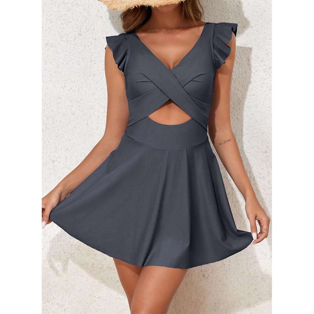 New popular one-piece ruffle edge cross skirt split swimsuit women's Tankini 2025 new style chic and elegant clothing