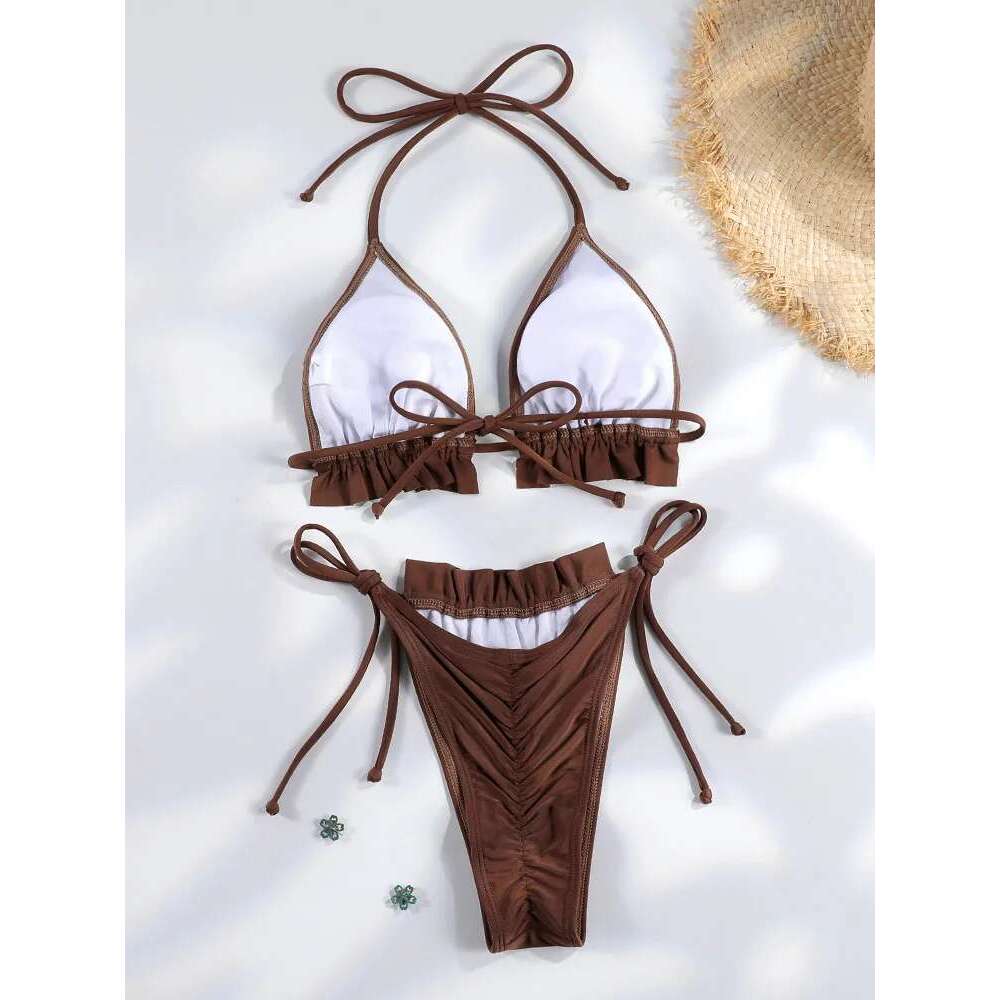 Rinabe Solid Color Bikinis 2025 Swimsuits For Women Pleated Biquini Push Up Sexy Swimwear Bandage Bathing Suit Summer Beachwear