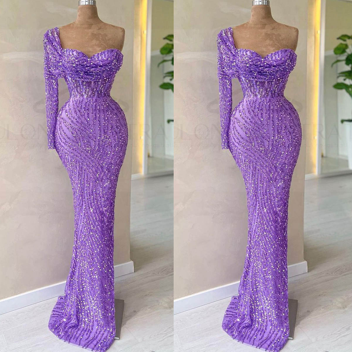 Sparkly Sequined Mermaid Evening Dress One Shoulder Long Sleeve Prom Dresses Customized Special Occasion 50th Birthday Gowns