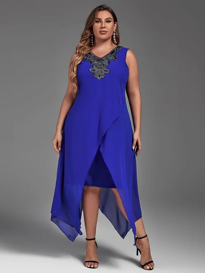 Plus Size Dress for Women Elegant Mesh Irregular Slim Long Dress Summer Casual Sleeveless Evening Party Dress 2XL 3XL 4XL 250509