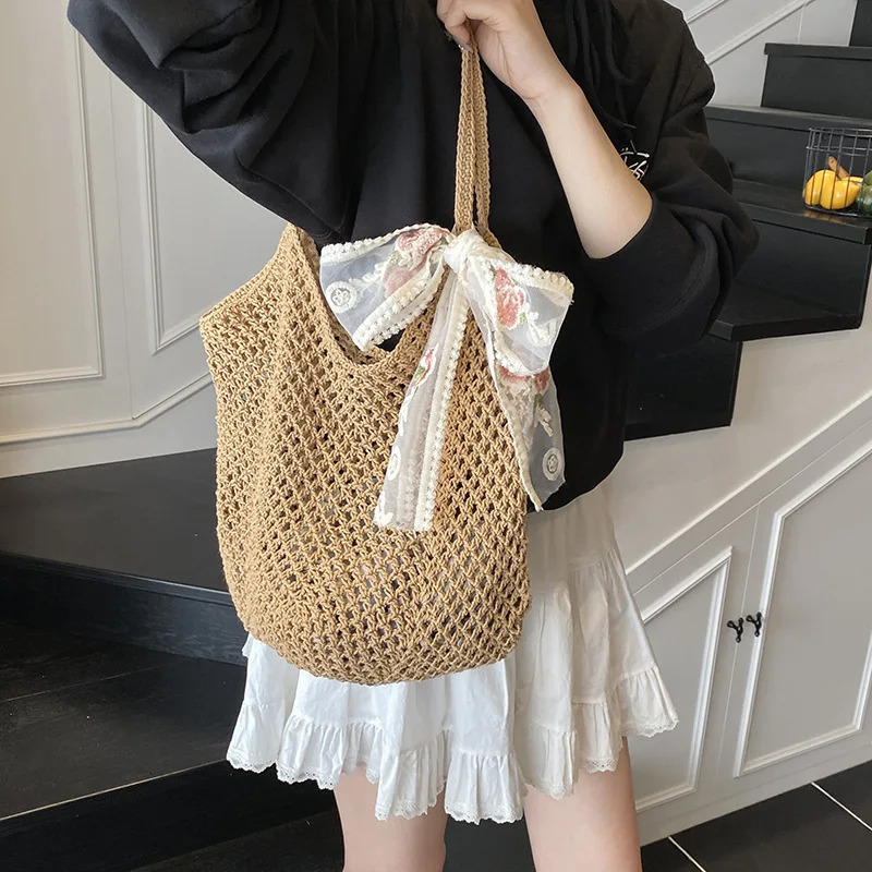 Summer Lace Bow Tote Bags Women Raffia Knitting Woven Shoulder Bag 2025 Rattan Large Casual Crochet Shopping Bag Ladies Handbag 250515