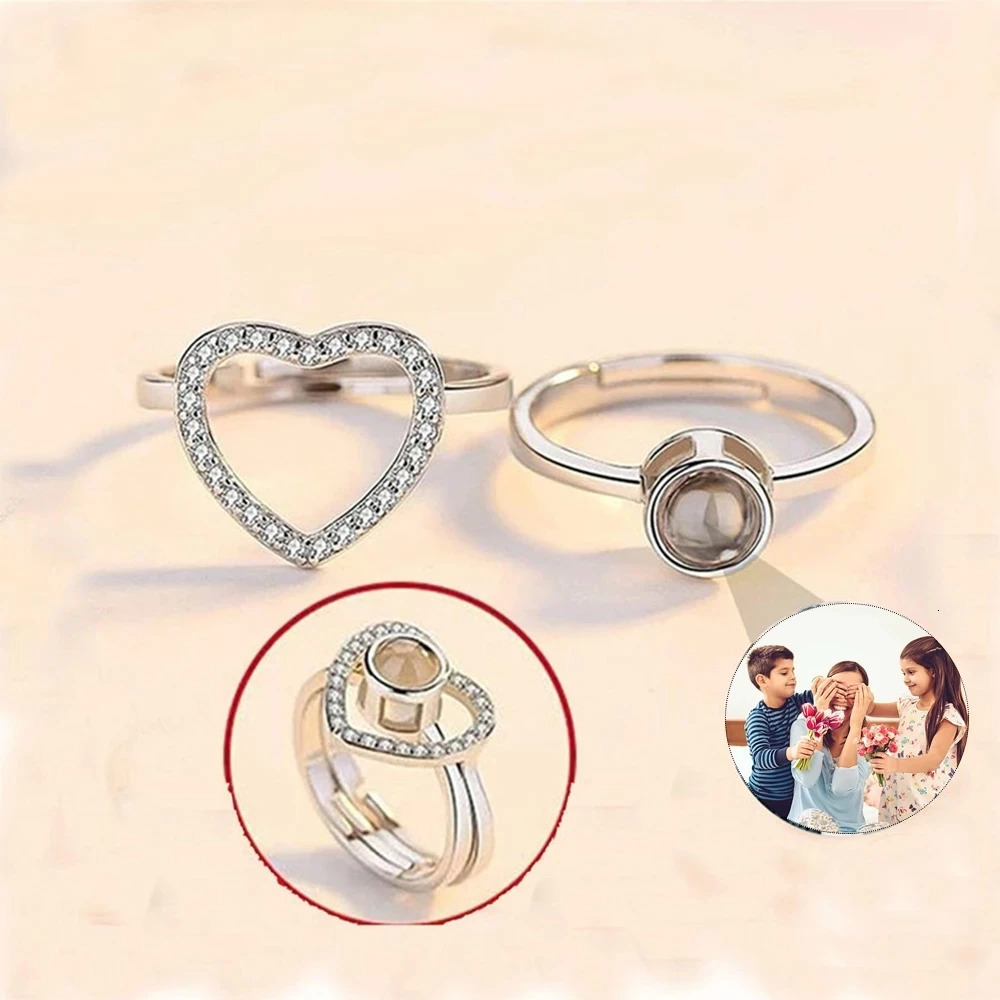 Dascusto Heart Ring Personalized Projection Po Rings Custom Couples Picture Wedding Jewelry 2Pc Adjustable Ring For Women 250515