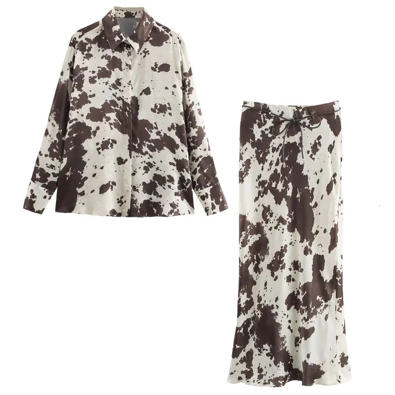 TRAF Print Satin Skirt Set Womens Suit Oversized Long Sleeve Shirt 2 Piece Sets Woman Outfit High Waist LaceUp 066 250515