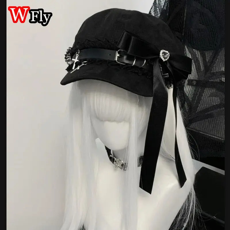 Harajuku Womens Girls Rose Pearl Tassel Chain Berets Hat Sweet Lolita Girls Cozy Berets Beanie Diamond Heart Bow Japanese Hats 250514