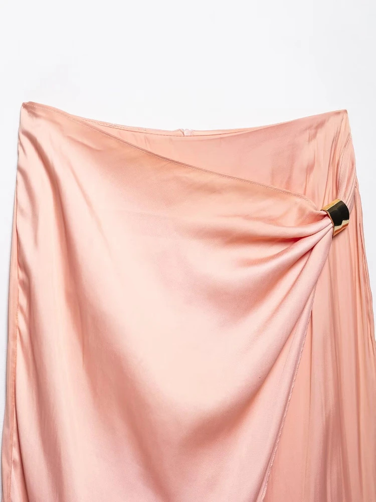 ZBZA Womens Gold Satin Backless Halterneck Top Goldembellished Silksatin High Waist Midi Skirt Summer Female Set 250515