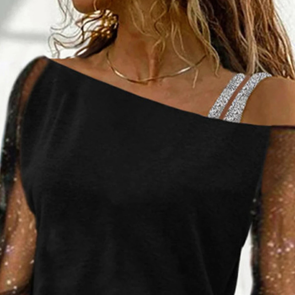 Plus Size Oversized Women Autumn Sexy Lace Mesh Long Sleeve T-Shirt Tops Ladies Off Shoulder Casual Blouse High Quality Clothing 250515