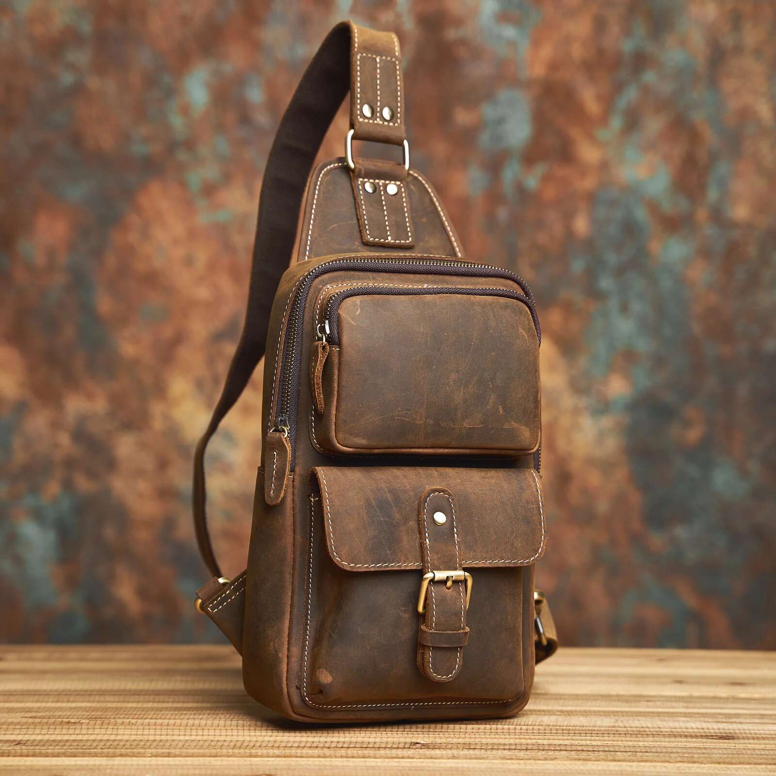 NASVA Genuine Men's Leather Chest Vintage Sling For Men,Crossbody Shoulder Bag Casual Small Backpack