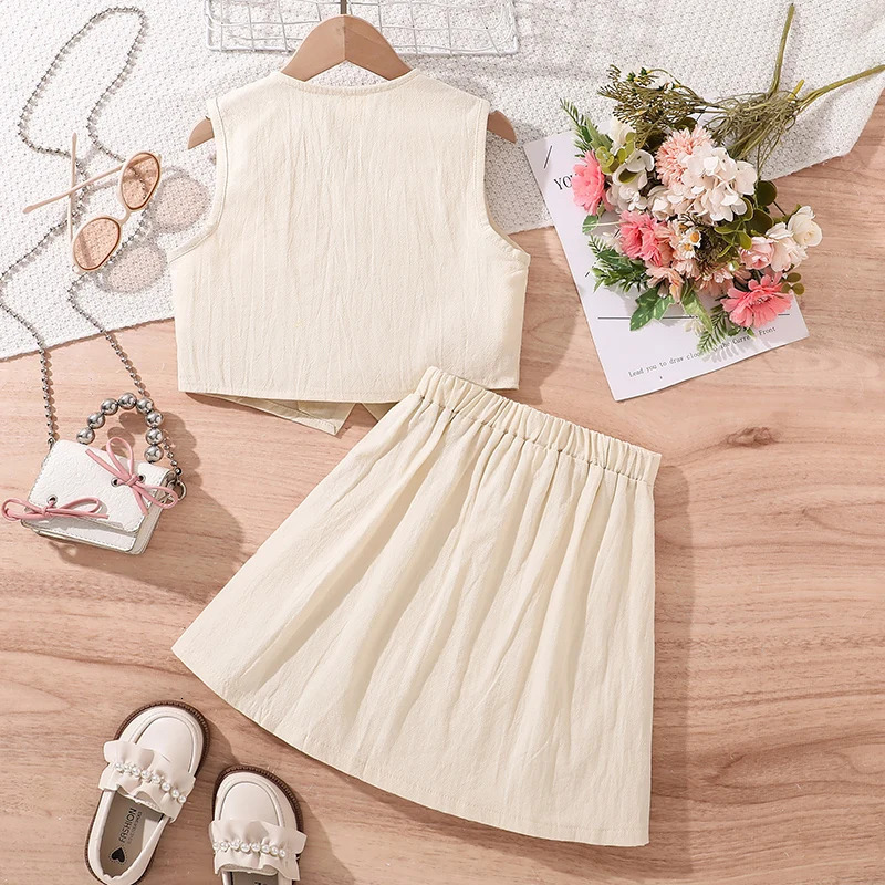 Fashion Clothes Sets For Kids Girls Beige Sleeveless Top With Skirt Simple And Generous Style Party Suit Casual Everyday Clothes 250515
