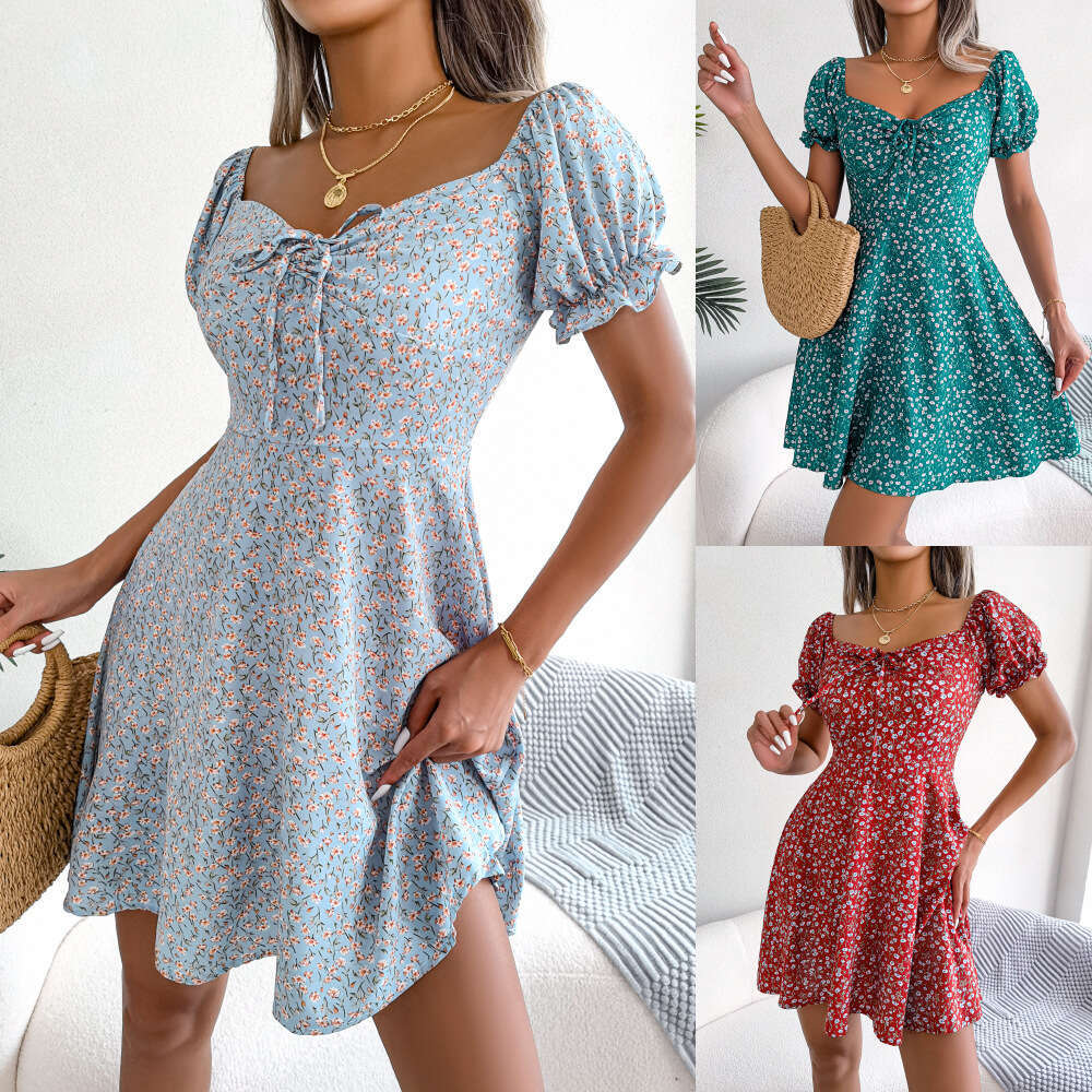 Ins style real-life photos of spring and summer trumpet sleeves, drawstring ties, floral patterns, big swing dresses, women's clothing, 2025 new 
