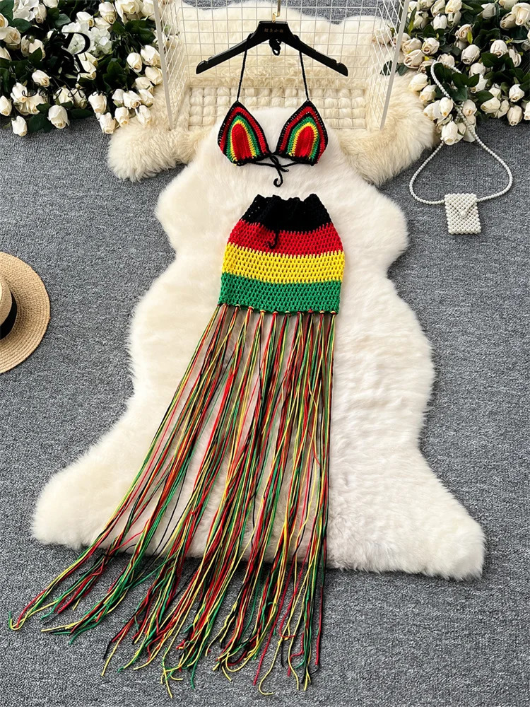 SINGREINY Tassel Knitted Beach Sets Women Mini CamisLong Sheath Skirt Set Fashion Ladies Hollow Out Vacation Styles Sexy Suits 250515