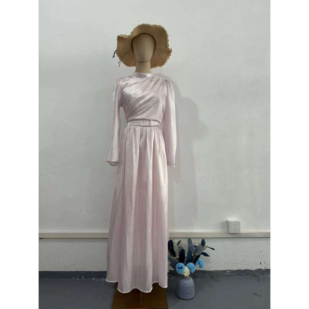 Cross half high neck for women 2023 new long sleeved tea break French style waist length dress
