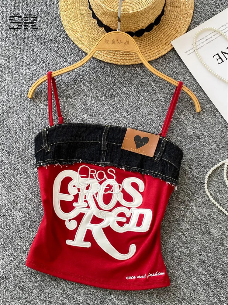 SINGREINY American Retro Y2k Strap Tops Letter y Denim Patchwork Fashion n Women sweet Streetwear Slim Crop Top 250515