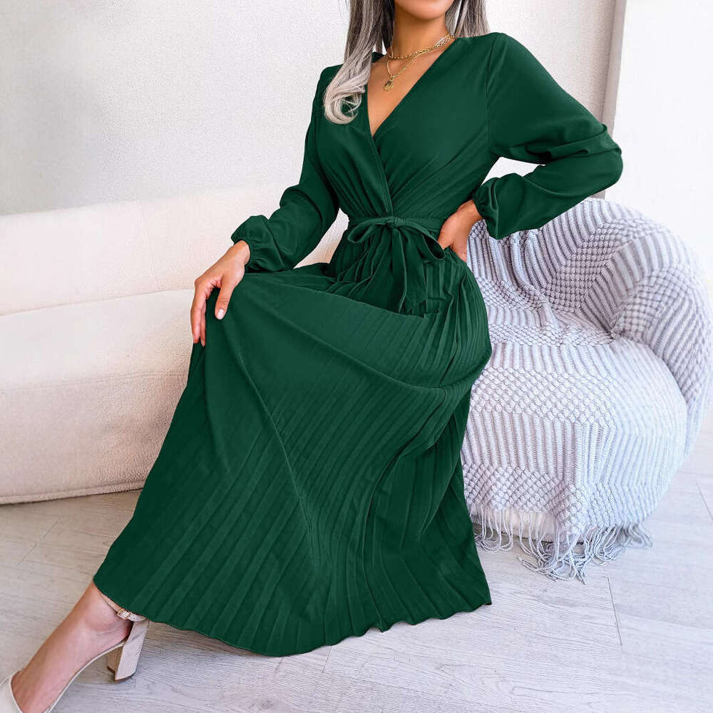 Explosive Real Shot European American Spring and Summer Style Cross V-neck Big Swing Hundred Fold Long Dress Women's 2025 New Casual Fashion Tren