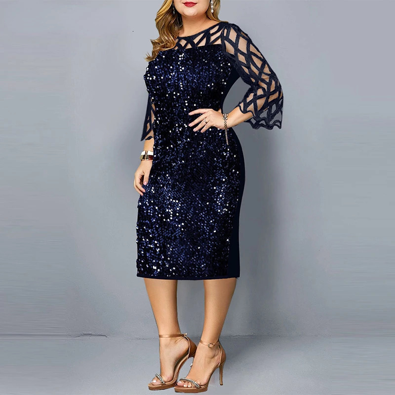 Elegant Sequin Plus Size 4XL 5XL Women Midi Dress Sexy Casual Evening Party Dresses Gown Wedding Robe Rouge Vestidos 250514