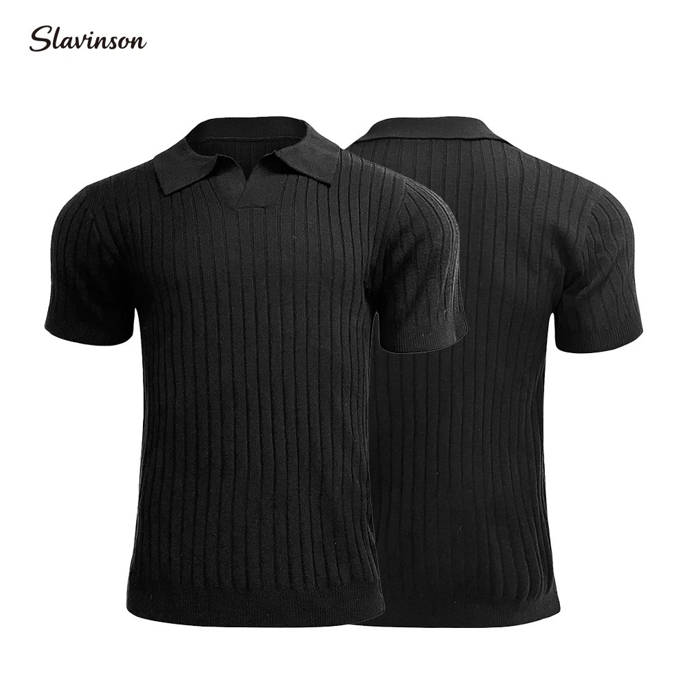 Slavinson Mens Short Sleeve Summer Retro Knit Lapel Striped Top Solid Color Soft Breathable Light Polo Knitwear Men US Size 250515