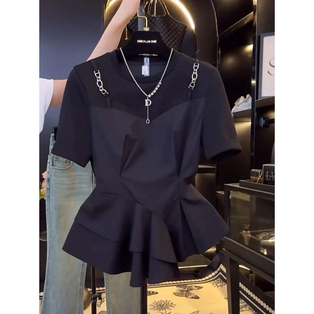 Black blouse female summer new irregular design slim fake two-piece short-sleeved T-shirt ruffled ing