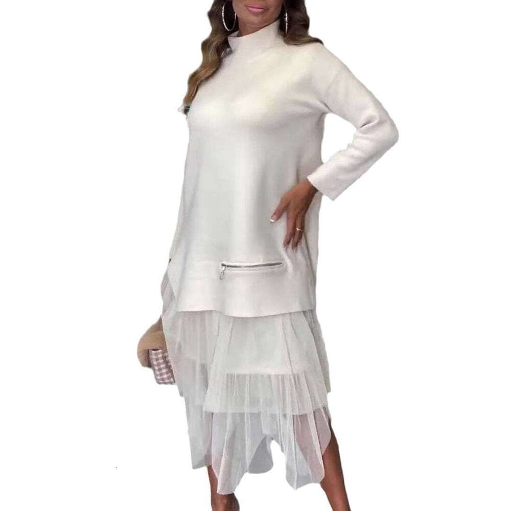 White Dress Maxi Dress 2024 New Collection _ Autumn/Winter Women's Casual Mesh Dress Set KQ