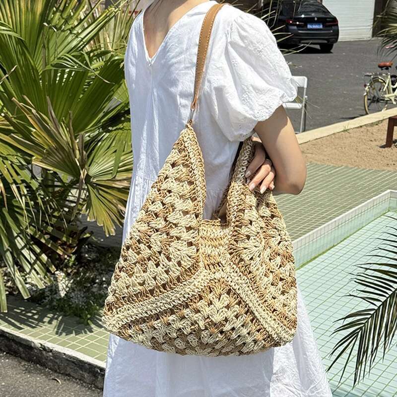 Summer Beach Straw For Women Hollow Out Female Vacation Shoulder Bags Hand Woven Seaside Tote Bag Ladies Knitted Handbags