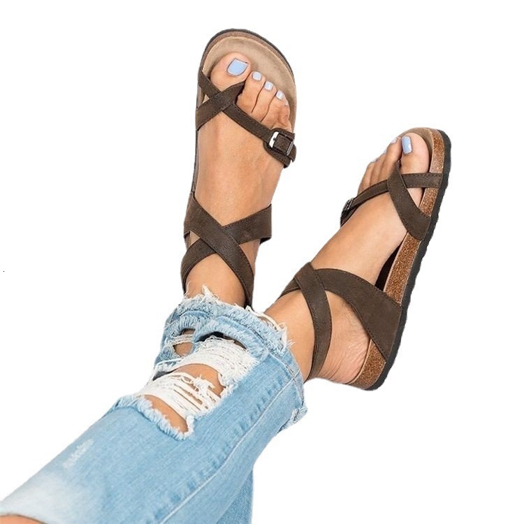Top quality Brand High Quality New Style Free Delivery Designer Bag 2025 Summer Large Cork Bottom Roman Toe Strap Buckle Wrap Sandals for Women