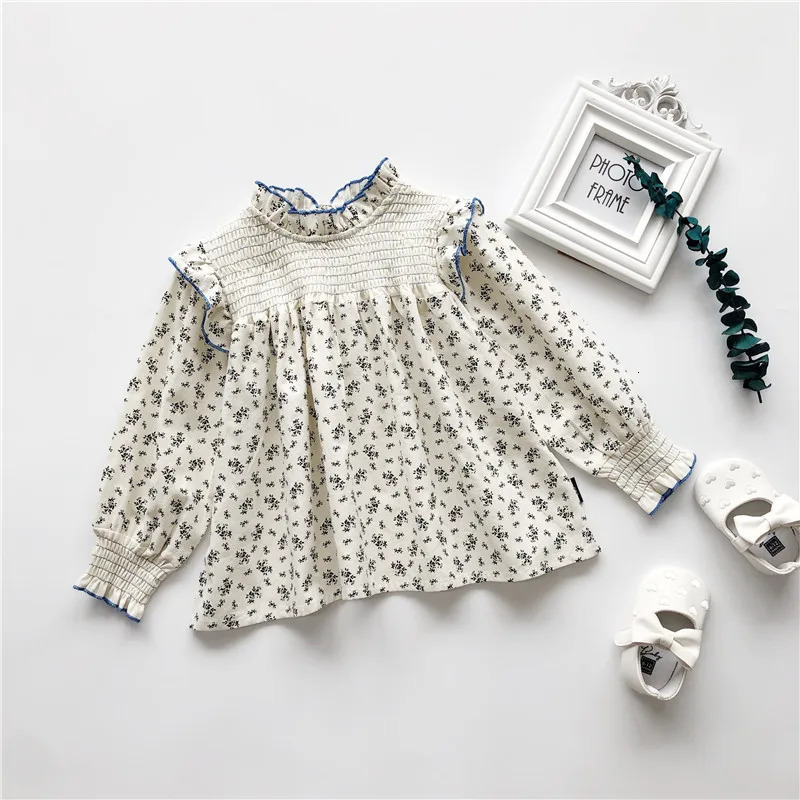 2-8Y Ins Spring Girls Blouses Lace Collar Fragmented Flower Infant Girls T-shirts Long Sleeve Loose Toddler Girls Peter Pan Top 250515