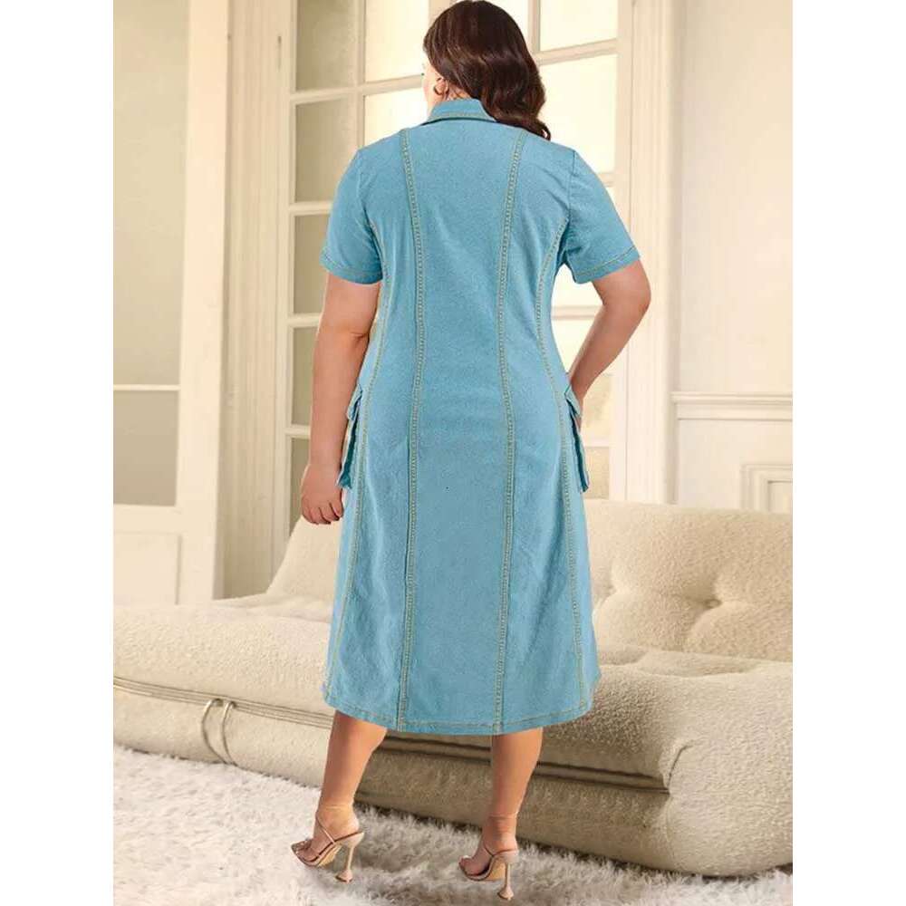 5xl Womens Plus Size Clothes Button Front Sky Blue Loose Summer Curvy Denim Long Dress with Sleeves
