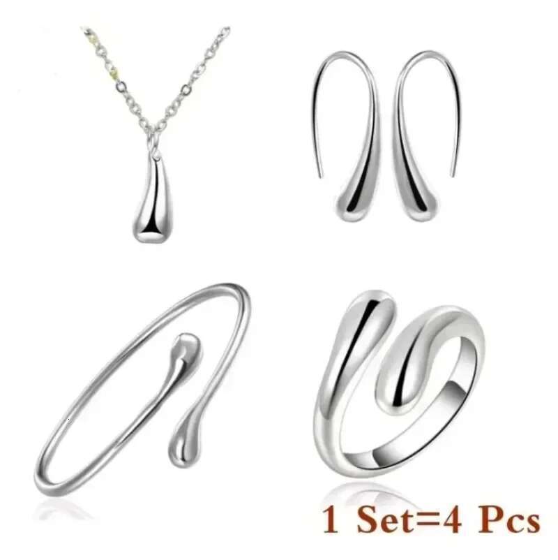 4Pcs Sterling Sier Water Drop Earring Ring Bracelet For Women Elegant Four-Piece Jewelry Set Party Wedding Gift