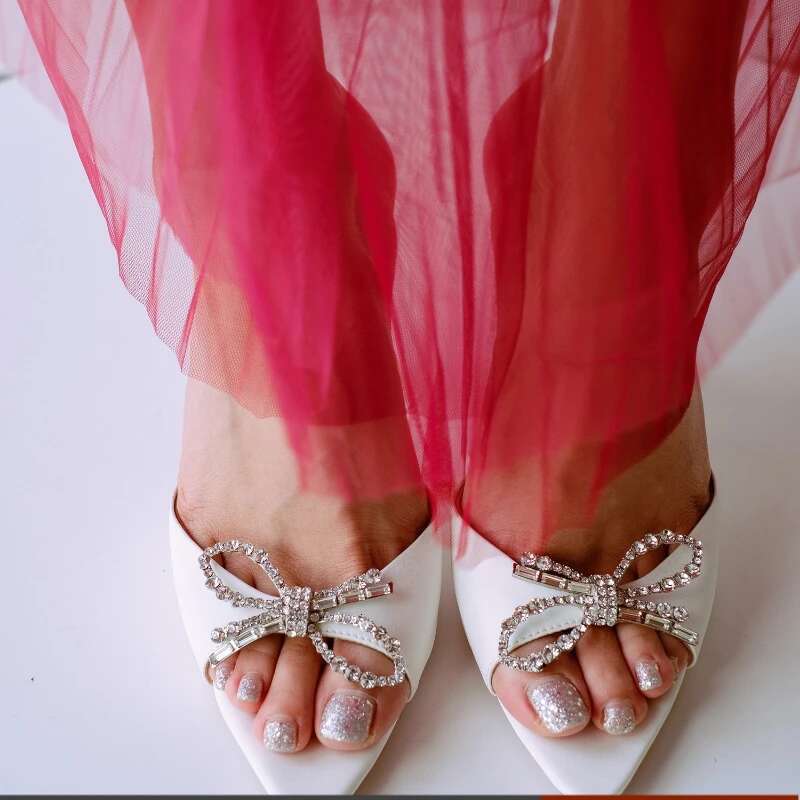 Bow Rhinestone Fish Mouth Open Toe High Heels Wine Cup Mid Heel Sandal Slippers Women