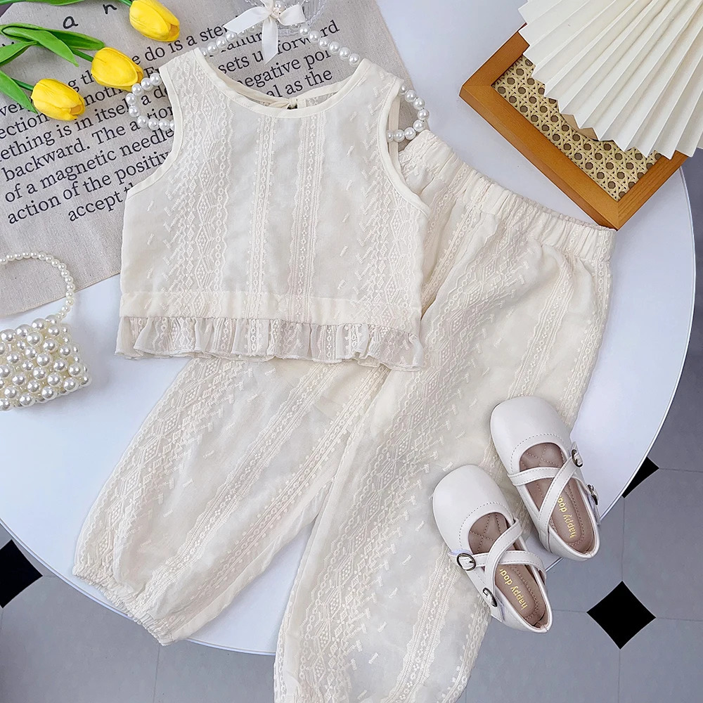 Bear Leader Girls Summer Clothing Sets Casual Hollow Lace T-shirt Pants 2pcs Suit Strap Cardigan Vest Girls Clothes Outfits 250515