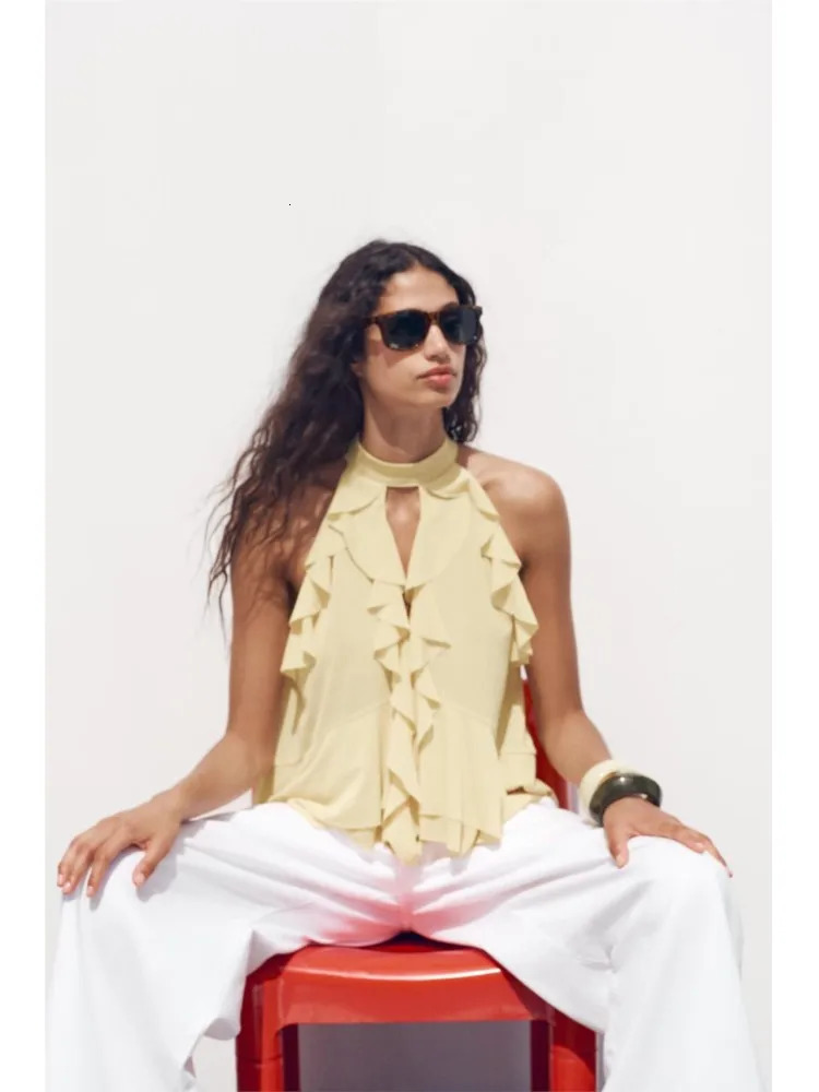 TRAF Women Tiereed Top Summer Ruffied Halter Camisole Waistcoat Womens With Tie Hollow Out Lady Tops 250515