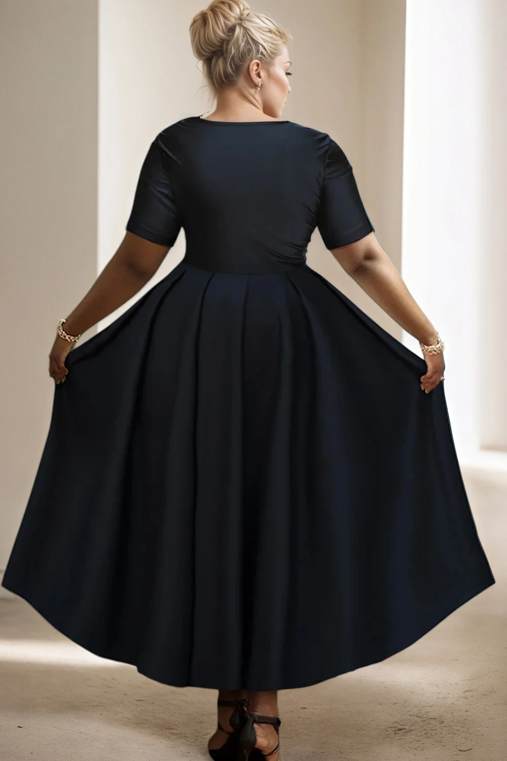 Women Plus Size Black Dress Short Sleeve Summer Casual Pleated A-Line Basic Long Dress Round Neck Fashion Evening Party Dresses 250509