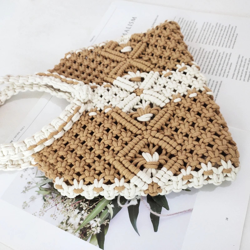 Cotton Rope Woven Bag for Womens Handheld Cute Womens Bag with Cute Hollow Mesh Pocket for Beach Vacation Womens Bag 250515