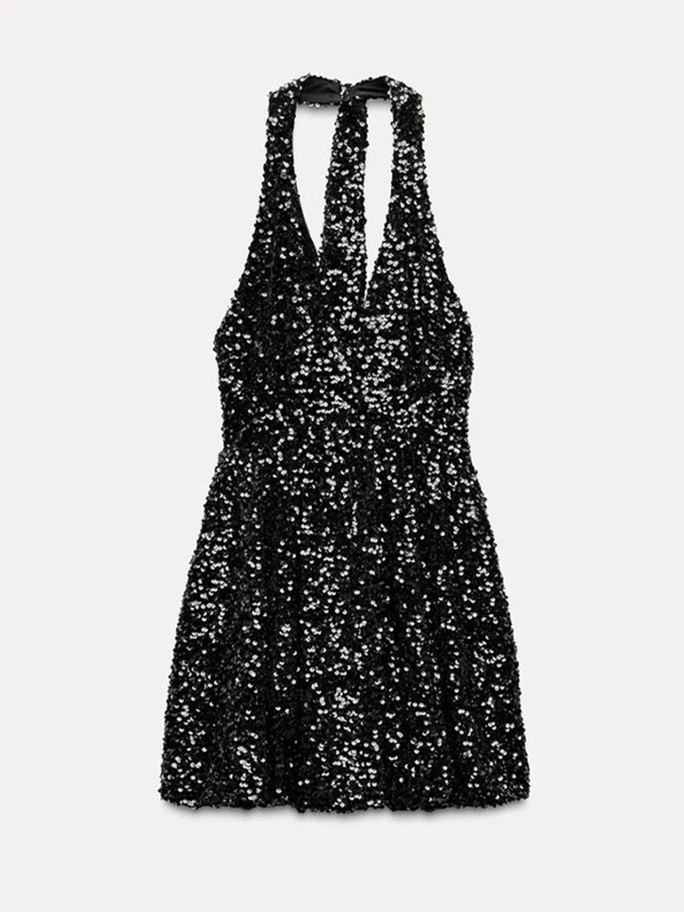 Sexy Sequins Short Black Party Dresses for Women Halter V Neck Backless Sparkly Ruffles Woman Mini Dress 2025 Club Gowns 250515